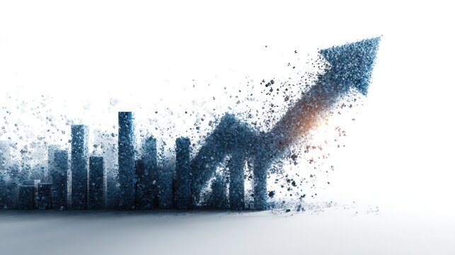 Explosive Growth and Decline: A visual representation of market volatility, with bars resembling a cityscape dissolving into fragments as an arrow points upwards, symbolizing rapid growth.
