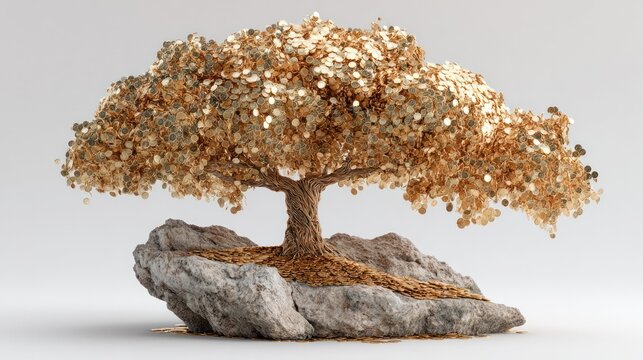 Golden Bonsai Tree on Rock: A stunning bonsai tree with leaves made of gold coins sits majestically on a rough rock, symbolizing wealth and growth.