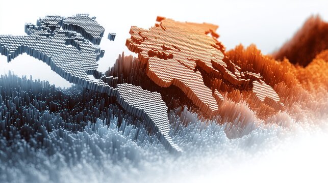 Global Disparity: A 3D topographic map illustrating a stark contrast between continents, with one side rendered in cool blue hues representing a digital landscape and the other in warm orange.