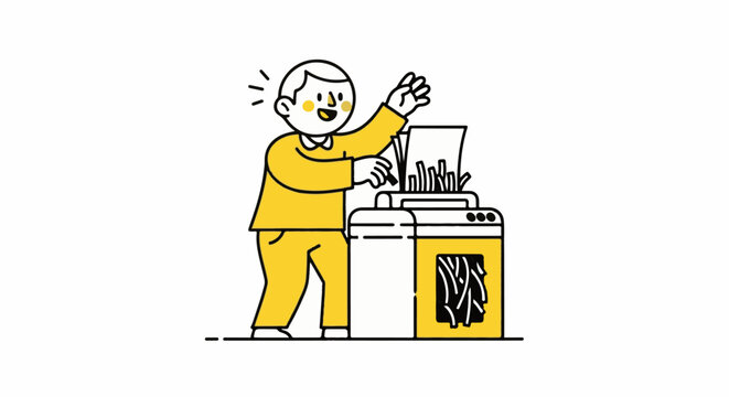 Excited cartoon man fixing large office printer machine.