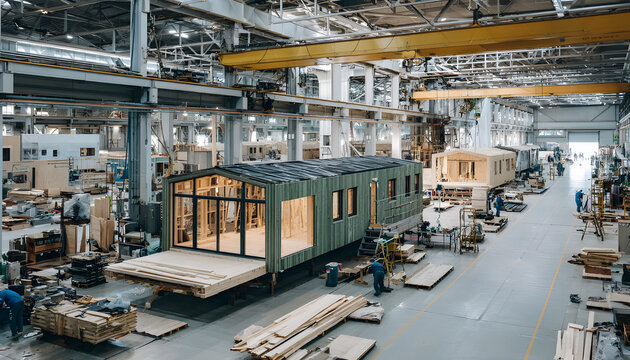 Workers build modular homes indoors. Prefabricated buildings assemble on factory floor. Modern housing units made with efficiency and planning. Industrial construction process is clean and organized