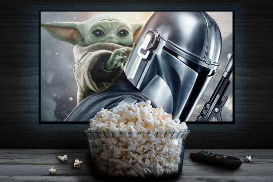 Cali, Colombia - June 1, 2026 &mdash; Popcorn bowl before TV streaming The Mandalorian with Grogu