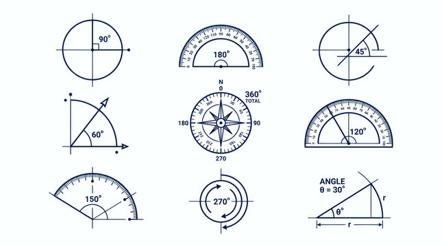 Geometric Angles and Measurements Collection: Protractor, Compass, Circle, Graph