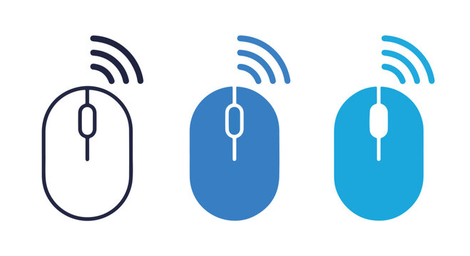 Close-up of a wireless computer mouse in three different shades of blue with wireless signal icons at the top