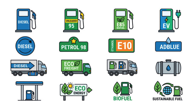 Sustainable Fuel Icons: Diesel, Petrol, E85, EV, Biofuel, AdBlue, Eco