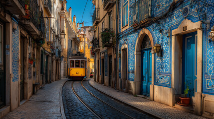 Obraz premium Narrow cobbled Lisbon street lined with blue and white azulejo tile facades and a vintage yellow tram in warm late afternoon sun