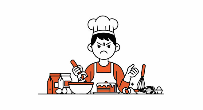 Frustrated cartoon chef holding broken whisk in kitchen.