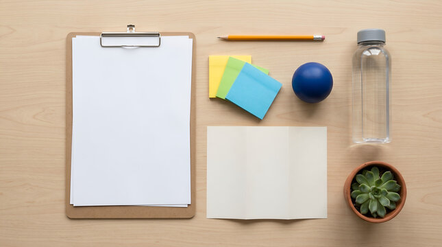 Flat lay prevention education toolkit with blank brochure, clipboard, notes, and plant for school programs, workplace training, and public health campaigns.