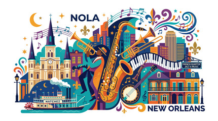 New Orleans Jazz Festival Celebration with Saxophone, Trumpet, Banjo, and Paddleboat © kretek