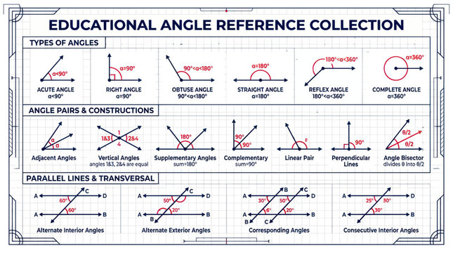 Educational Angle Reference Collection: Types, Pairs, Parallel Lines & Transversal