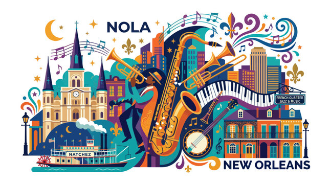 New Orleans Jazz Festival Celebration with Saxophone, Trumpet, Banjo, and Paddleboat