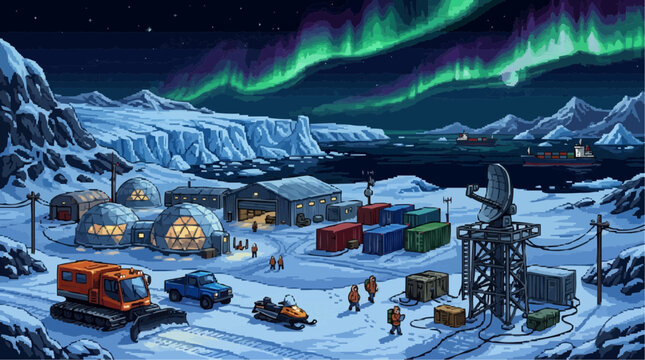 Arctic Research Outpost Under Northern Lights: A remote arctic research base is illuminated by the ethereal glow of the aurora borealis, showcasing a rugged landscape of ice and snow.