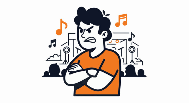 Frustrated young man annoyed by loud music notes.