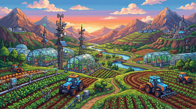 Futuristic Farming Landscape: A vibrant, idyllic scene of advanced agricultural technology blending seamlessly with nature. Tractors cultivate fertile fields under a technicolor sunset.