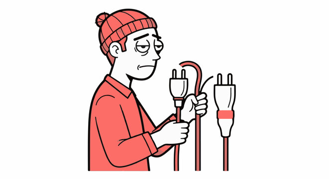 Illustrated character carefully inspecting electrical plugs.