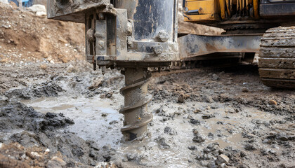 Naklejka na ściany i meble Screw pile being drilled into wet soil for foundation. Heavy equipment operates on construction site. Earthwork process for building support