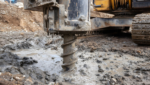 Screw pile being drilled into wet soil for foundation. Heavy equipment operates on construction site. Earthwork process for building support
