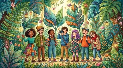 Fototapeta premium Diverse Kids Exploring Lush Jungle, Nature Adventure, Photography, Friendship