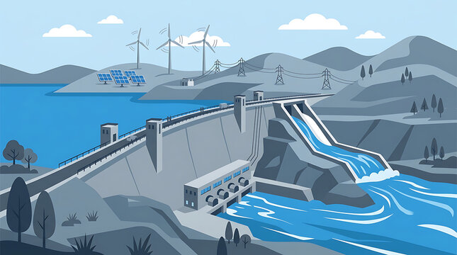 A large dam releases water into a river with wind turbines in the background on a sunny day with mountains.