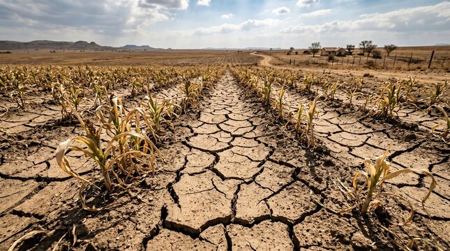Drought stricken corn field with cracked earth and wilting plants under a cloudy sky