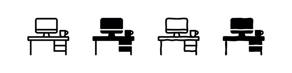 Fototapeta premium Workspace Desk Icon Set with Computer Monitor and Coffee Mug
