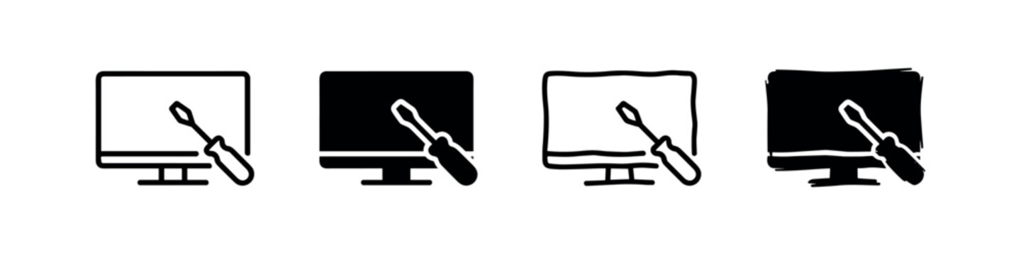 Computer monitor repair icon set. Desktop PC service symbol, tech support glyphs, and screen fix screwdriver vector.