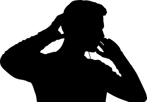 Black silhouette, man thinking, hand on face, puzzled person, isolated vector