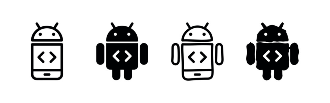 Android App Development Robot with Code Brackets Icon Set.