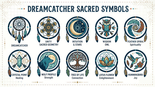 Dreamcatcher Sacred Symbols Collection: Owl, Wolf, Tree of Life, Lotus, Hummingbird
