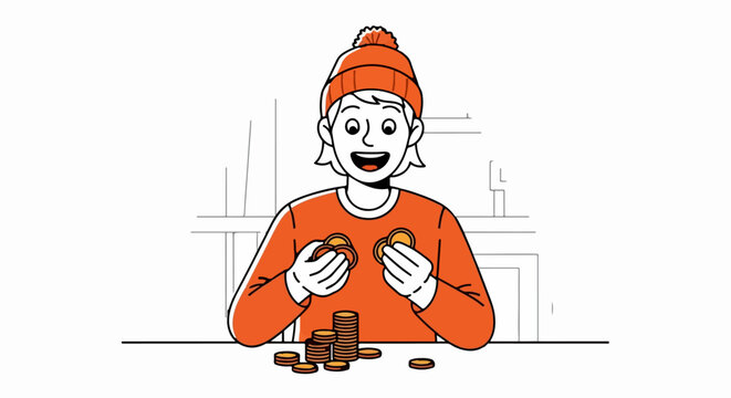 Excited cartoon character holding small brown objects.