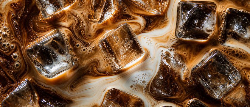 > Wide panoramic web banner background of iced coffee with milk swirls and clear ice cubes. Refreshing cold summer beverage macro texture, top down view.