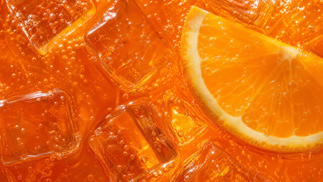 Macro background texture of orange spritz cocktail with clear ice cubes, fresh citrus slice, and sparkling bubbles. Refreshing summer cold drink