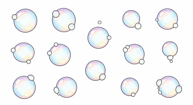 Collection of various sized iridescent bubbles.