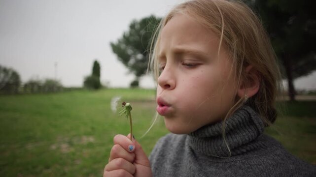 Blonde girl with painted nails blowing the last fluffy seeds off a dandelion stem in a green park under a grey overcast sky in slow motion