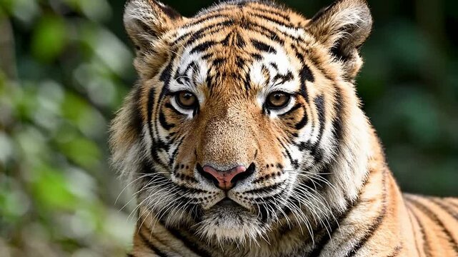Fierce Close-Up Portrait of a Roaring Tiger in Natural Habitat with Lush Green Background, Showcasing Sharp Teeth and Striking Features for Wildlife Enthusiasts and Conservationists