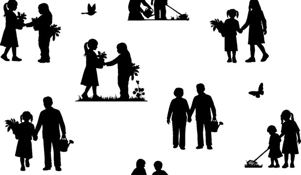 Silhouette illustrations of people gardening and socializing together outdoors.