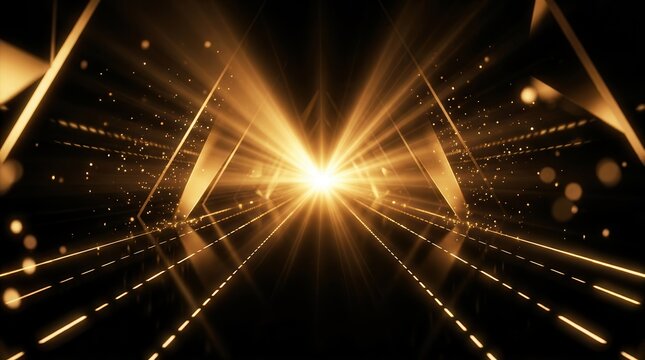 Golden award ceremony background with luminous light rays and abstract elements.