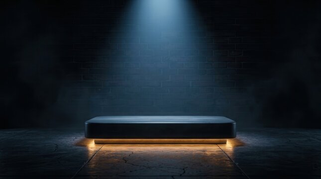 A dark podium platform in a darkroom setting for showcasing products.