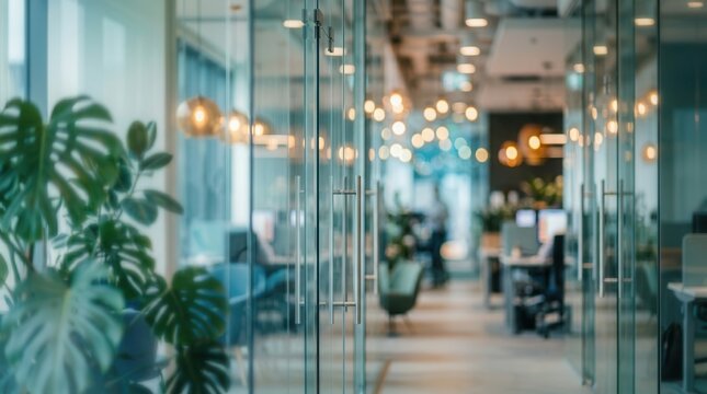 Modern office interior featuring a blurry workspace and unfocused background.