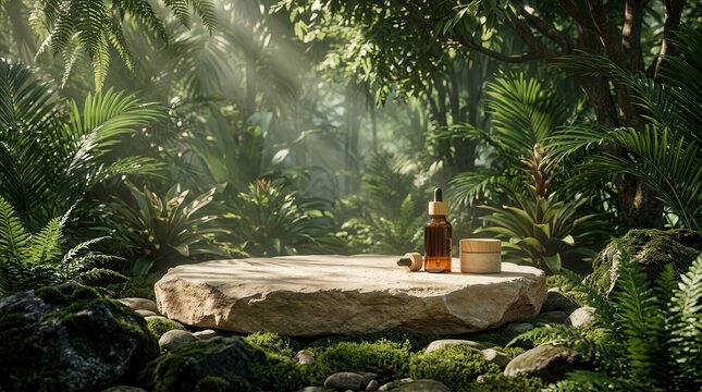 Cosmetic product podium made of stone set against a green nature garden backdrop.