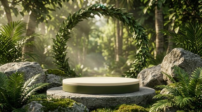 Cosmetic product stone podium display mockup featuring a lush green nature garden background