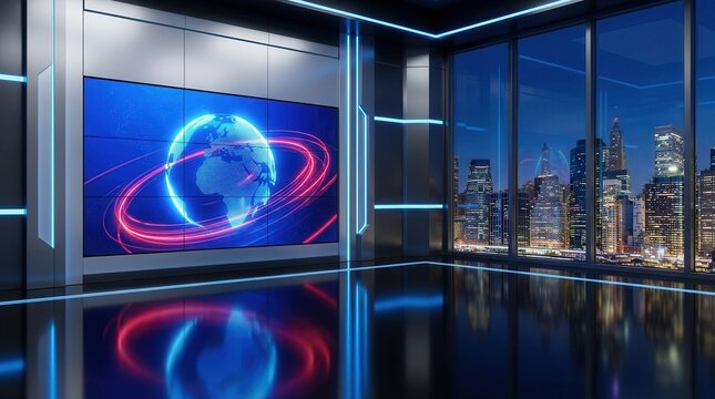 Modern news studio backdrop for TV shows featuring a digital globe on a wall.