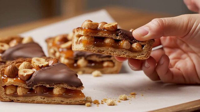 Gourmet Caramel Chocolate Snack With Peanuts Enjoyed By Hand In Modern Setting, Perfect For Food Marketing And Dessert Promotions