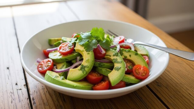 Fresh avocado salad with cherry tomatoes in white bowl.