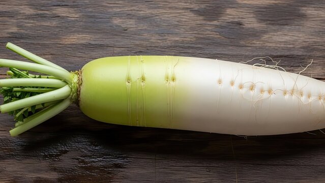 Fresh white daikon radish on dark wooden background.