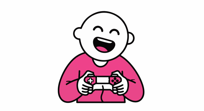 Happy cartoon character playing video game controller joyfully.