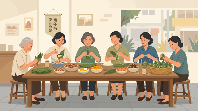 Chinese Women Wrapping Zongzi for Dragon Boat Festival Illustration