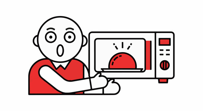 Cartoon person shocked by overheating microwave scene.