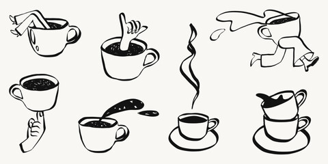 Obraz na płótnie Canvas Whimsical cafe doodle set with coffee mugs. Retro hand drawn cup illustrations perfect for menu designs, shop posters and vintage brunch graphics. Sketch vector illustration