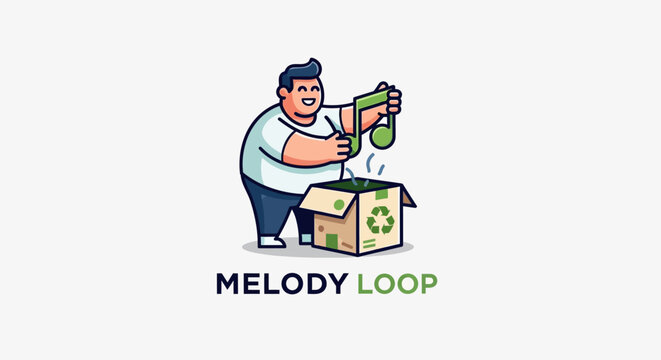 Man pulling musical note from recycling box for melody loop concept